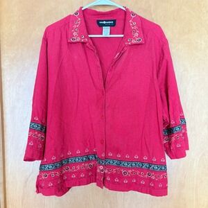 Sag Harbor Woman Red Linen Blend Embroidered Button Down Shirt XL